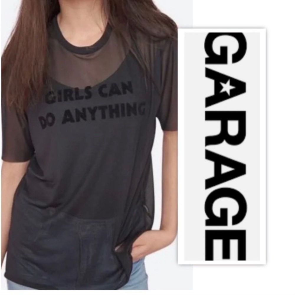 Sheer Micro Mesh Black Velvet Spell Out “Girls Can Do Anything” Oversized Fit SM